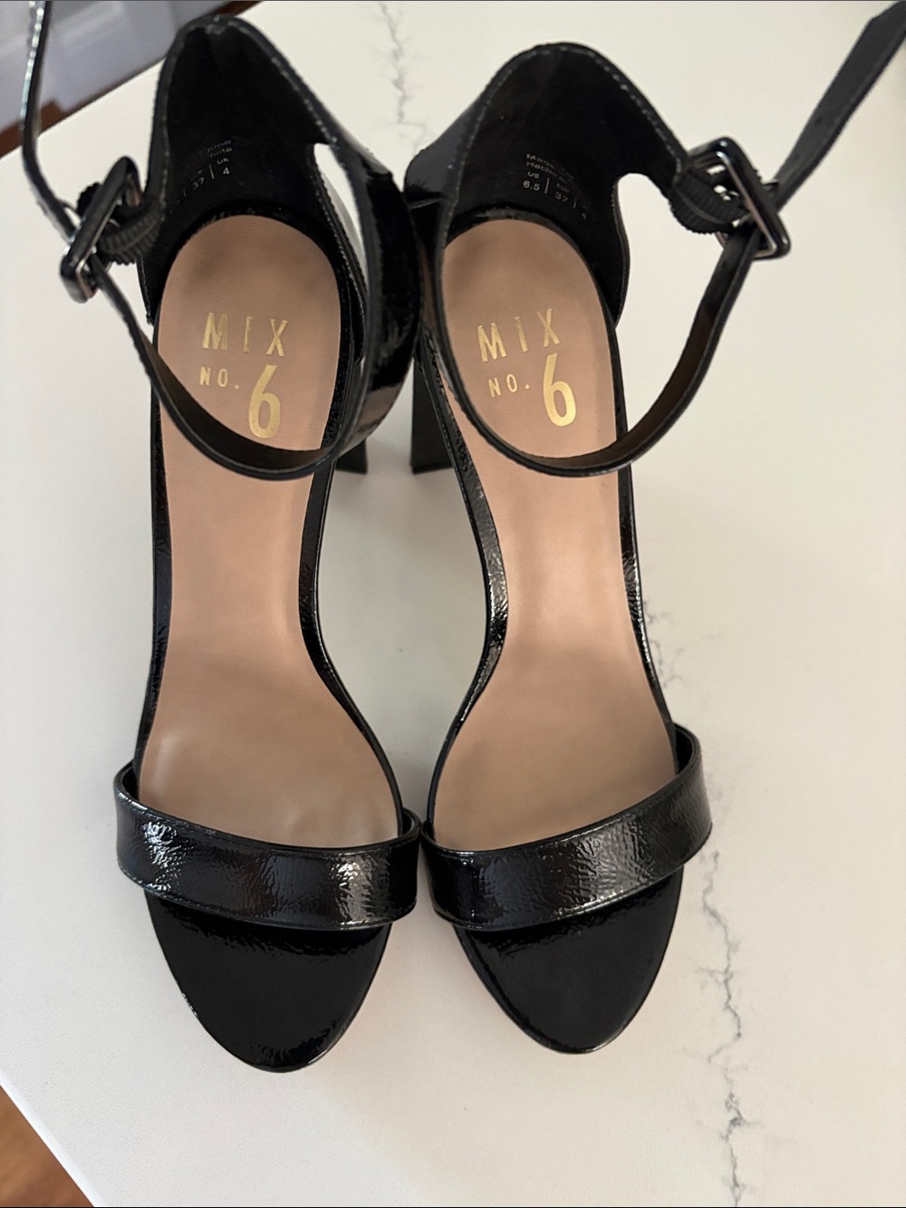 Mix No. 6 Black Patent Open-Toe Ankle-Strap Heels